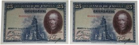 1928. II República (1931-1939). Serie A. Pareja de 25 pesetas. Doblez central. Todo su apresto original. EBC. Est.30.