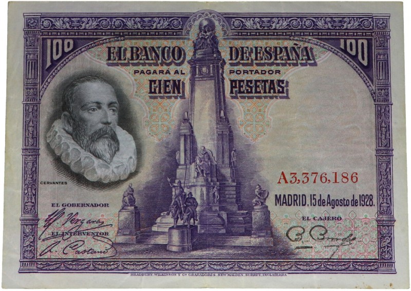 1928. II República (1931-1939). Serie A. 100 pesetas. Dobleces. MBC. Est.6.