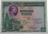1928. II República (1931-1939). Madrid. 500 pesetas. Sin doblez pero dos grapas. EBC / EBC+. Est.45.