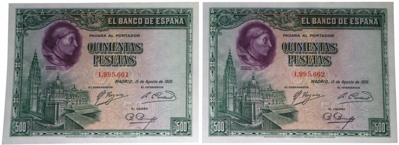 1928. II República (1931-1939). Pareja de 500 pesetas. Todo su apresto original....