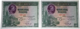 1928. II República (1931-1939). Pareja de 500 pesetas. Todo su apresto original. SC. Est.140.