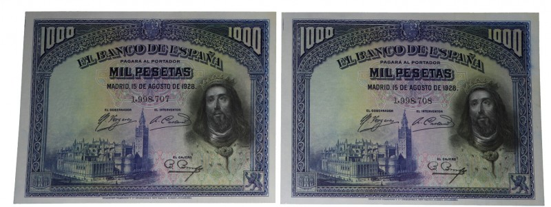 1928. II República (1931-1939). Pareja de 1000 pesetas. Todo su apresto original...