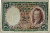 1931. II República (1931-1939). 25 pesetas. Número de serie muy bajo. Dobleces. BC+. Est.18.