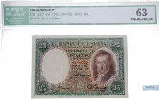 1931. Billetes Españoles. 25 pesetas. Certificado ICG 63. SC. Est.180.