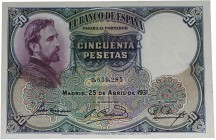 1931. II República (1931-1939). 50 pesetas. Número de serie bajo. Doblez central. EBC. Est.65.