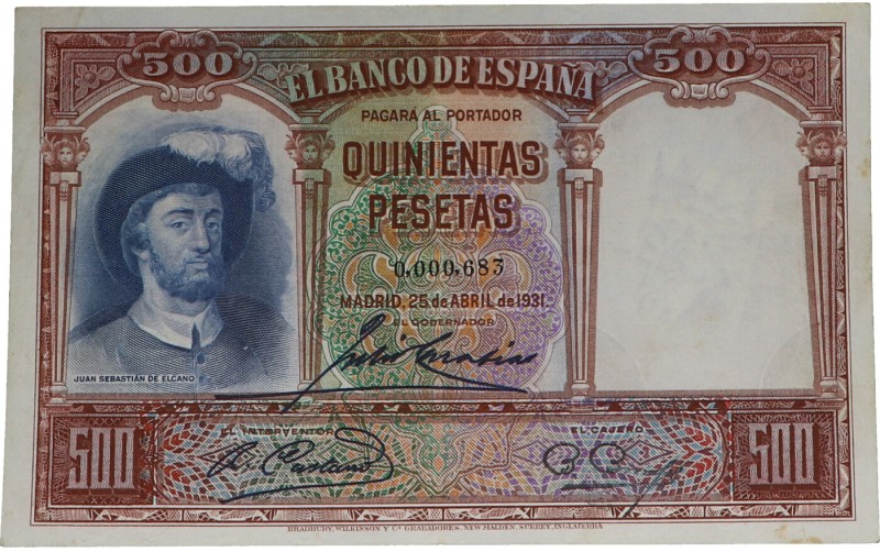 1931. II República (1931-1939). 500 pesetas. Número de serie muy bajo. Planchado...