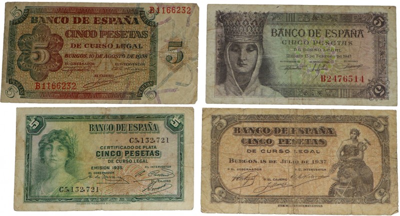 1935 a 1943. Billetes Españoles. Lote de 4 billetes: 5 pesetas. MC a MBC. Est.15...