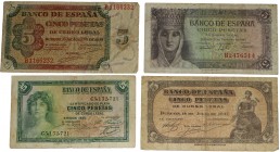 1935 a 1943. Billetes Españoles. Lote de 4 billetes: 5 pesetas. MC a MBC. Est.15.