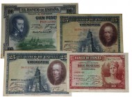 1935, 1928 y 1925. II República (1931-1939). Lote de 4 billetes: uno de 10 pesetas, dos de 25 pesetas y uno de 100 pesetas. Ed. C14a, Ed. B112a y Ed. ...