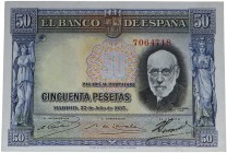 1935. II República (1931-1939). Serie A. 50 pesetas. Variante color azul. Color alterado químicamente. Planchado. EBC. Est.30.