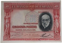1935. II República (1931-1939). Serie A. 50 pesetas. Variante color rojo. Color alterado químicamente. Planchado. EBC. Est.30.