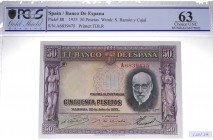 1935. II República (1931-1939). 50 pesetas. SERIE A. Raro. PCGS 63. SC. Est.350.