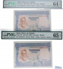 1936. Billetes Españoles. Pareja correlativa de 25 pesetas. Certificado PMG 64 EPQ y 65 EPQ. Est.650.
