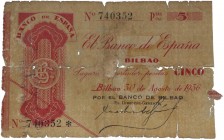 1936. Guerra Civil (1936-1939). Bilbao. 5 pesetas. Sin serie. Dobleces y roturas. Papel añadido con adhesivo en el reverso. RC. Est.27.