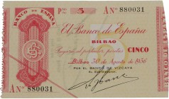 1936. Guerra Civil (1936-1939). Bilbao. 5 pesetas. Abarquillamiento central pero buen ejemplar. EBC /EBC+. Est.110.