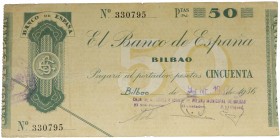 1936. Guerra Civil (1936-1939). Bilbao. 50 pesetas. Tres dobleces verticales y doblez horizontal. MBC. Est.45.