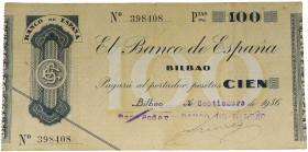 1936. Guerra Civil (1936-1939). Bilbao. 100 pesetas. Dobleces pero muy entero. Buen ejemplar. MBC. Est.50.