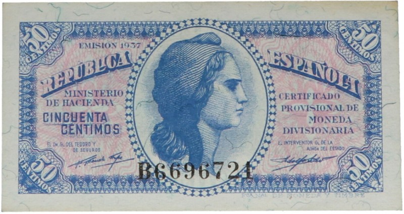 1937. Guerra Civil (1936-1939). 50 céntimos República española. Serie B. Leve ma...