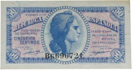 1937. Guerra Civil (1936-1939). 50 céntimos República española. Serie B. Leve mancha de humedad en esquina superior derecha. SC. Est.5.