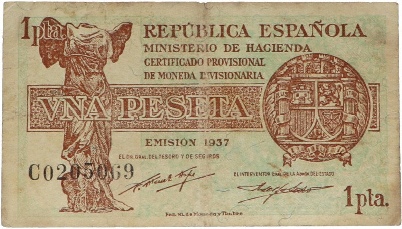 1937. Guerra Civil (1936-1939). 1 peseta República española. Serie C. Tres doble...