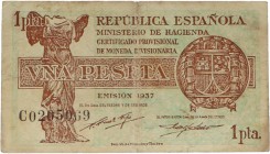 1937. Guerra Civil (1936-1939). 1 peseta República española. Serie C. Tres dobleces verticales y doblez horizontal. Planchado. BC. Est.6.