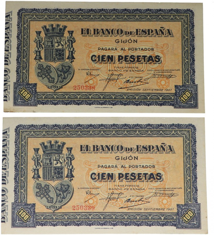 1937. Guerra Civil (1936-1939). Gijón. Pareja de 100 pesetas. Punto de óxido en ...