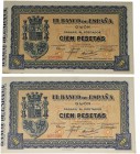 1937. Guerra Civil (1936-1939). Gijón. Pareja de 100 pesetas. Punto de óxido en margen izquierdo en el acabado en 9. Mancha en esquina inferior izquie...
