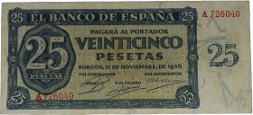 1936. Guerra Civil (1936-1939). Burgos. 25 pesetas. Serie A rarísima. MBC+. Est.80.