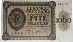 1936. Guerra Civil (1936-1939). Burgos. 1000 pesetas. Serie A. Doblez central casi imperceptible. Planchado. EBC. Est.400.