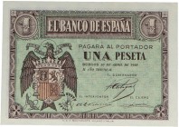 Abril 1938. Guerra Civil (1936-1939). Burgos. 1 peseta. Doblez vertical que se pierde sin atravesar el billete. Apresto original. SC-. Est.20.