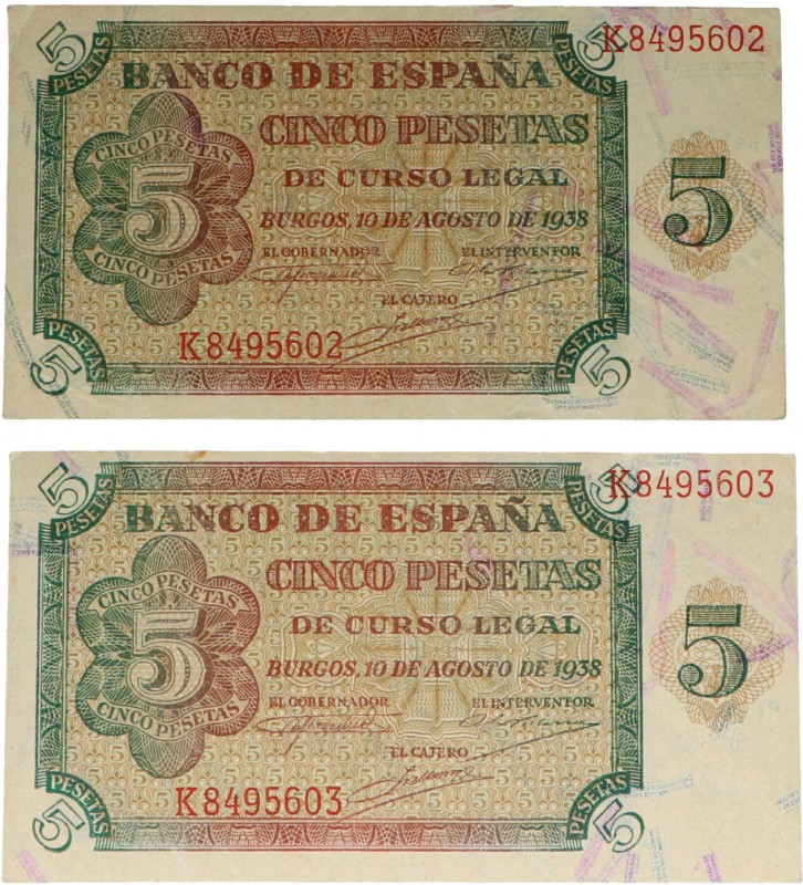 1938. Guerra Civil (1936-1939). Burgos. Pareja de 5 pesetas. Pico superior izqui...