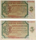 1938. Guerra Civil (1936-1939). Burgos. Pareja de 5 pesetas. Pico superior izquierdo doblado en el terminado en 2, que presenta una arruga de papel pr...