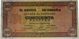 1938. Guerra Civil (1936-1939). Burgos. 50 pesetas. Serie A. Dobleces verticales. MBC. Est.50.