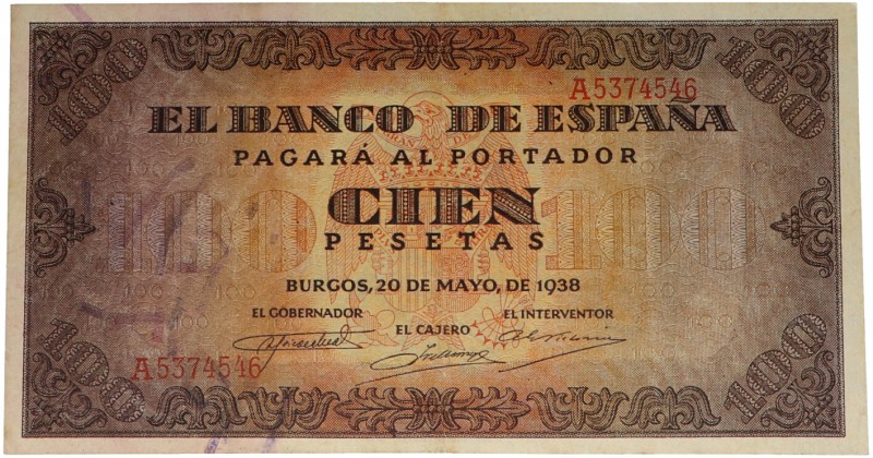 1938. Guerra Civil (1936-1939). Burgos. 100 pesetas. Serie A. Tres dobleces vert...