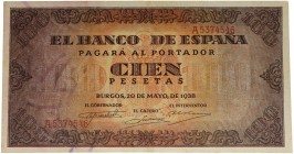 1938. Guerra Civil (1936-1939). Burgos. 100 pesetas. Serie A. Tres dobleces verticales y doblez horizontal. Planchado. MBC. Est.25.