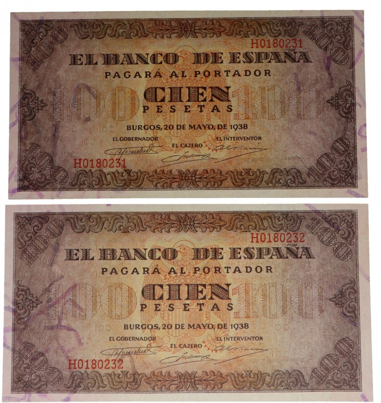 1938. Guerra Civil (1936-1939). Burgos. Pareja de 100 pesetas. Serie H. Doblez c...