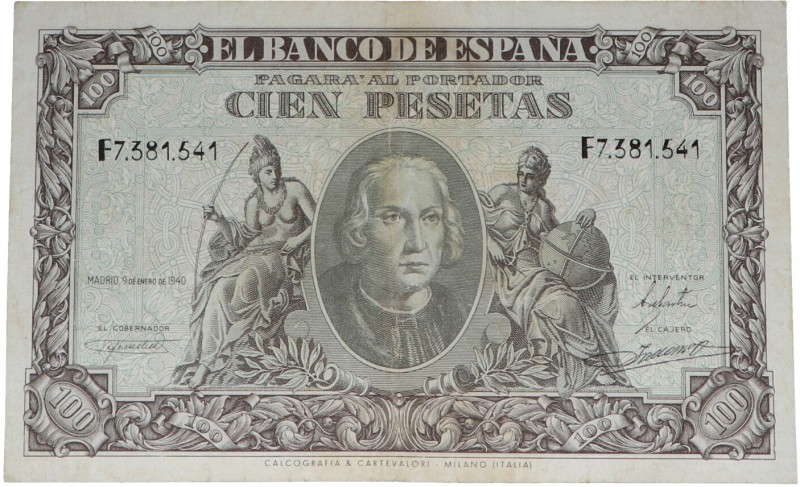 1940. Franco (1939-1975). 100 pesetas. Serie F. Tres dobleces verticales y doble...