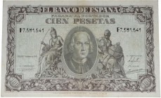 1940. Franco (1939-1975). 100 pesetas. Serie F. Tres dobleces verticales y doblez horizontal. Lavado y planchado. MBC. Est.35.