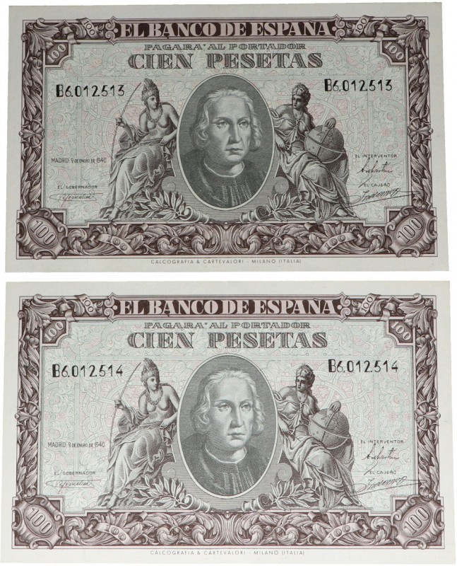 1940. Franco (1939-1975). Pareja de 100 pesetas. Serie B. Doblez central. Aprest...