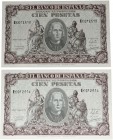 1940. Franco (1939-1975). Pareja de 100 pesetas. Serie B. Doblez central. Apresto original. EBC+. Est.350.