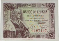 1945. Franco (1939-1975). 1 peseta. Sin serie. Planchado. Doblez central casi imperceptible. EBC. Est.20.