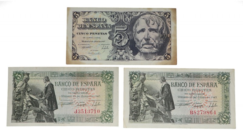 1945 a 1947. Billetes Españoles. Lote de 3 billetes: 5 pesetas. MBC+. Est.15.