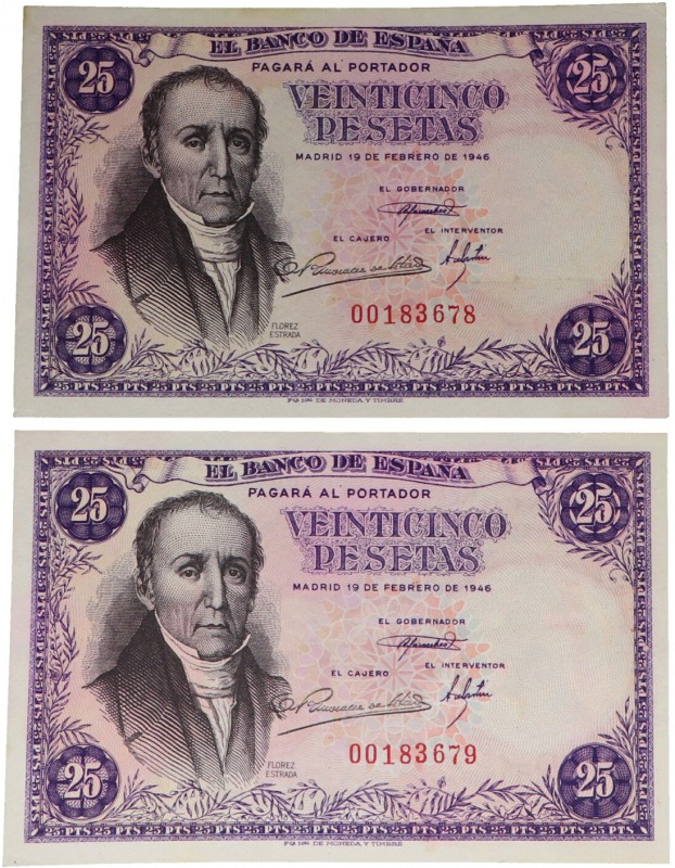 1946. Franco (1939-1975). Pareja de 25 pesetas. Sin serie. Número bajo. Doblez c...