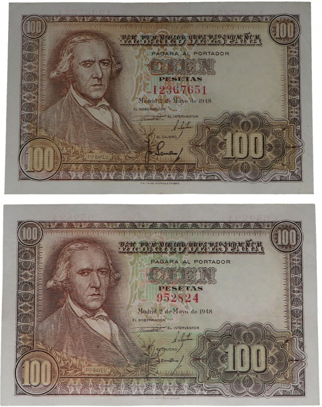 1948. Franco (1939-1975). Pareja de dos billetes de 100 pesetas. Sin serie y ser...