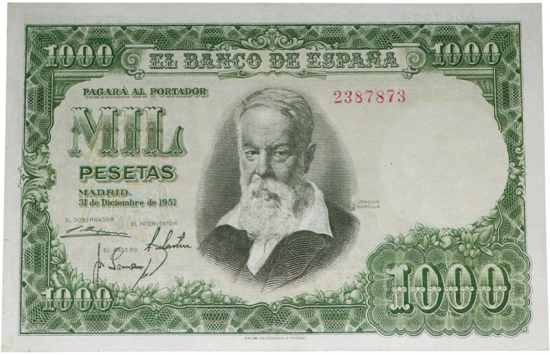 1951. Franco (1939-1975). 1000 pesetas. Sin serie. Levemente planchado. Doblez c...