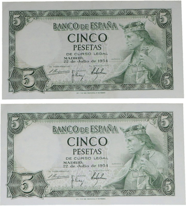 1954. Franco (1939-1975). Pareja de 5 pesetas. Serie N. Doblez central. Todo su ...