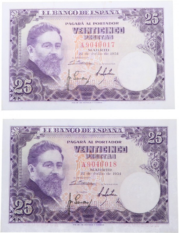 1954. Billetes Españoles. Serie A. Pareja 25 pesetas. RARO. EBC+. Est.50.