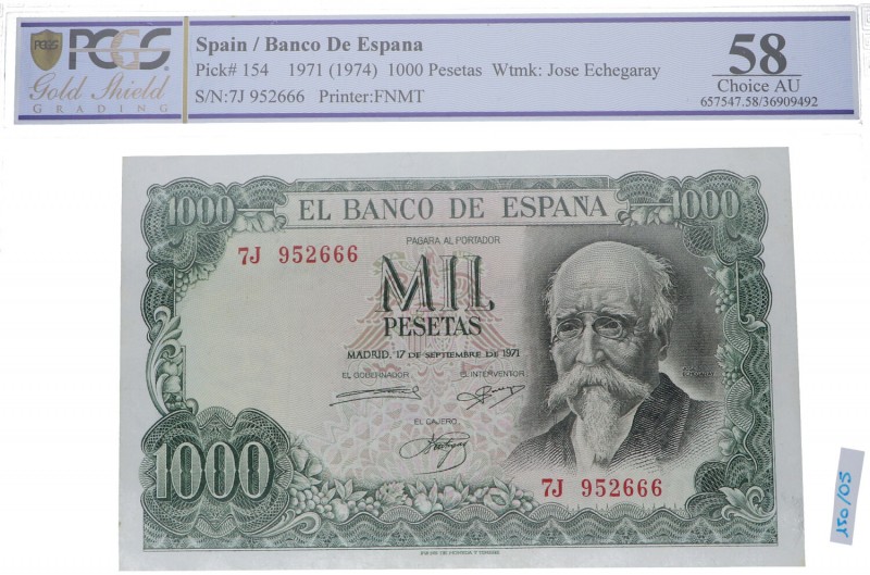 1971. Billetes Españoles. 1000 pesetas. Certificado PCGS 58. Serie 7j, última le...