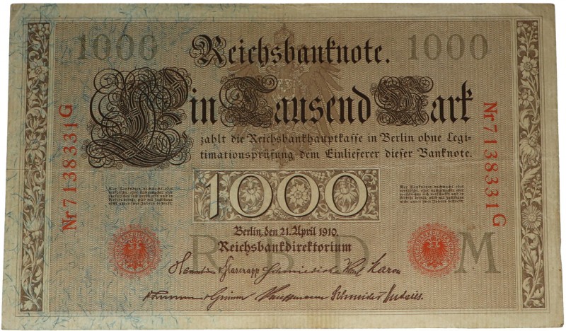 21 abril 1910. Billetes Extranjeros. Alemania. 1000 marcos. WPM 45b. MBC+. Est.2...