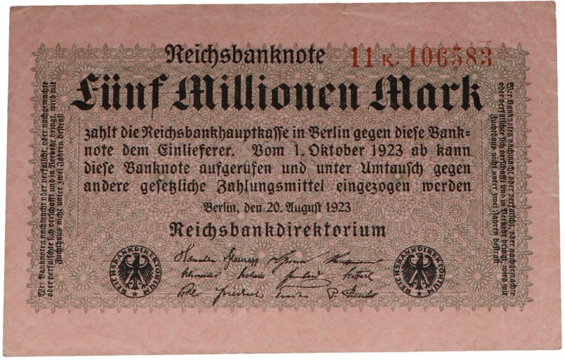 20 de agosto de 1923. Billetes Extranjeros. Alemania. 5 millones de marcos. WPM-...